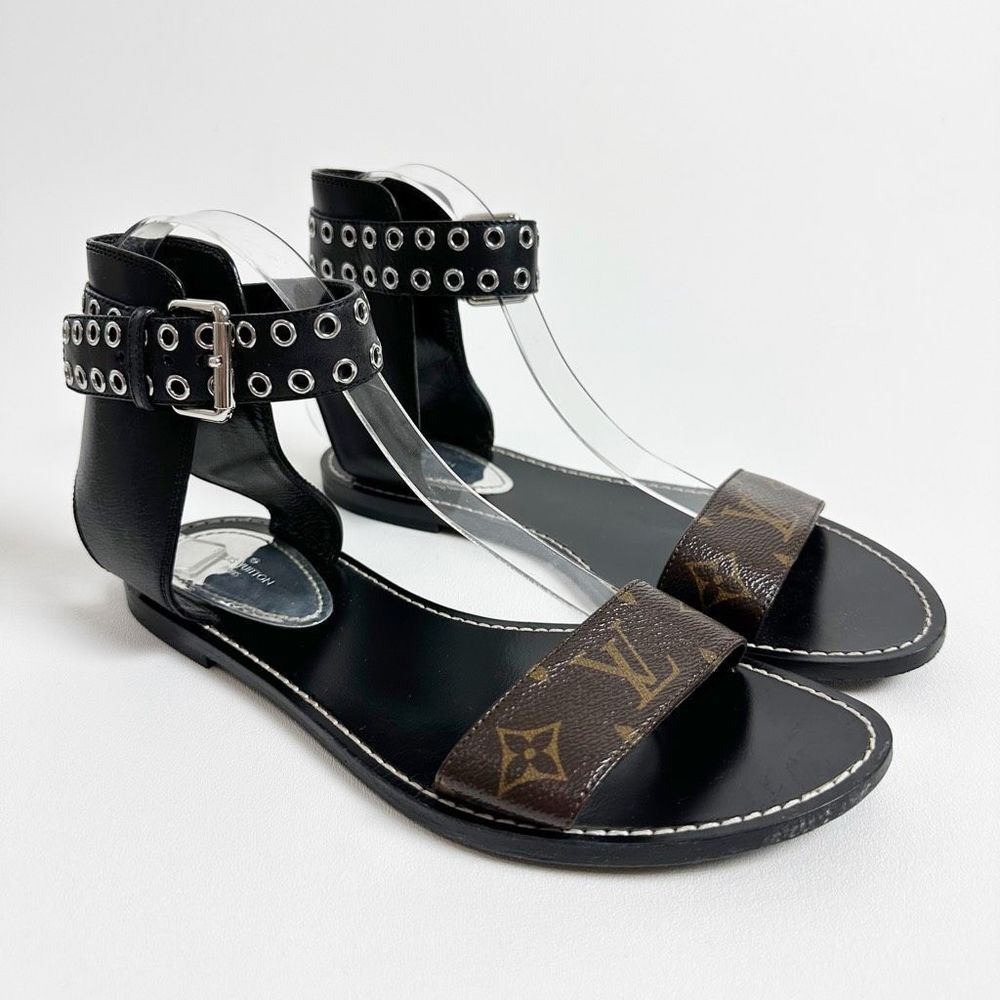 LOUIS VUITTON Ocean Drive Flat Sandals 40 US 9.5 Black Brown Monogram Leather - Picture 2 of 13